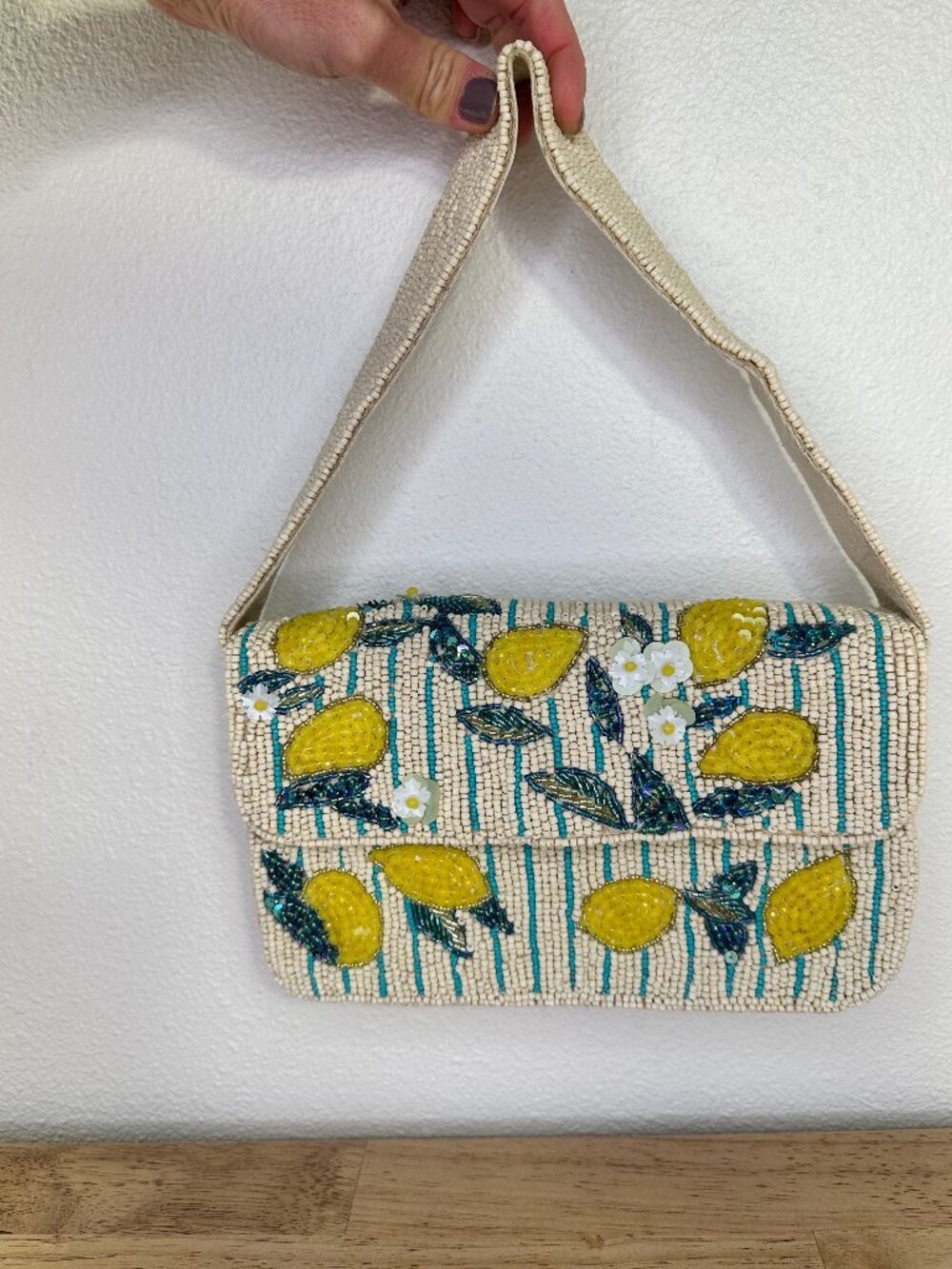 Sol and Mer Lemon Stripe Beaded Shoulder Bag Purse